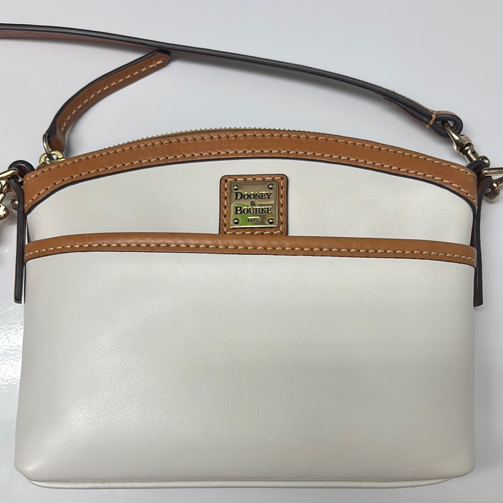 Dooney & Bourke White and Tan Crossbody Camden Saffiano Leather Trim